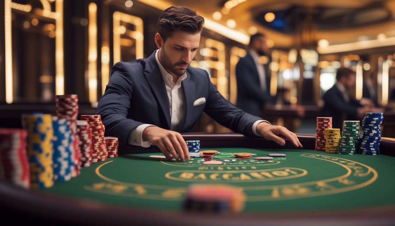 Seorang pemain profesional yang fokus sedang bermain baccarat di meja kasino dengan tumpukan chip dan kartu.