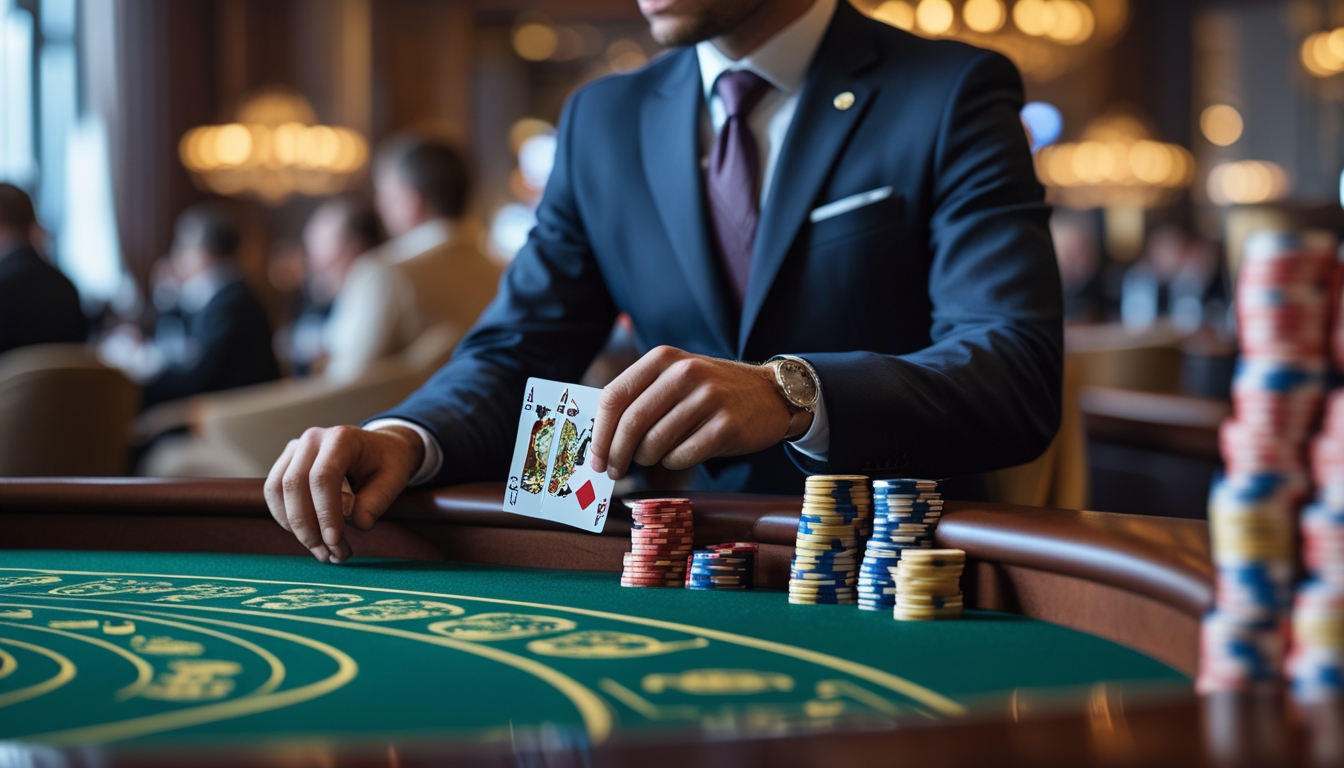 Seorang pemain profesional di meja baccarat dengan kartu dan chip, sedang fokus menganalisis permainan di kasino mewah.