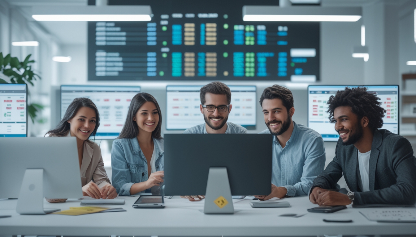 Sekelompok orang bekerja bersama di kantor modern dengan komputer, fokus pada aktivitas terkait lotere atau taruhan online.