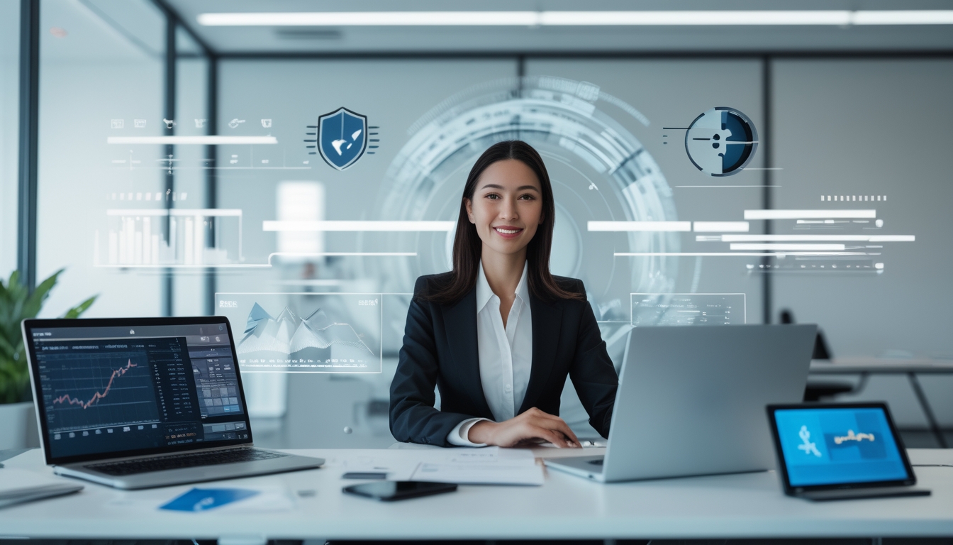 Seorang wanita profesional duduk di meja kantor modern dengan perangkat digital, menunjukkan aktivitas transaksi keuangan yang cepat dan terpercaya.