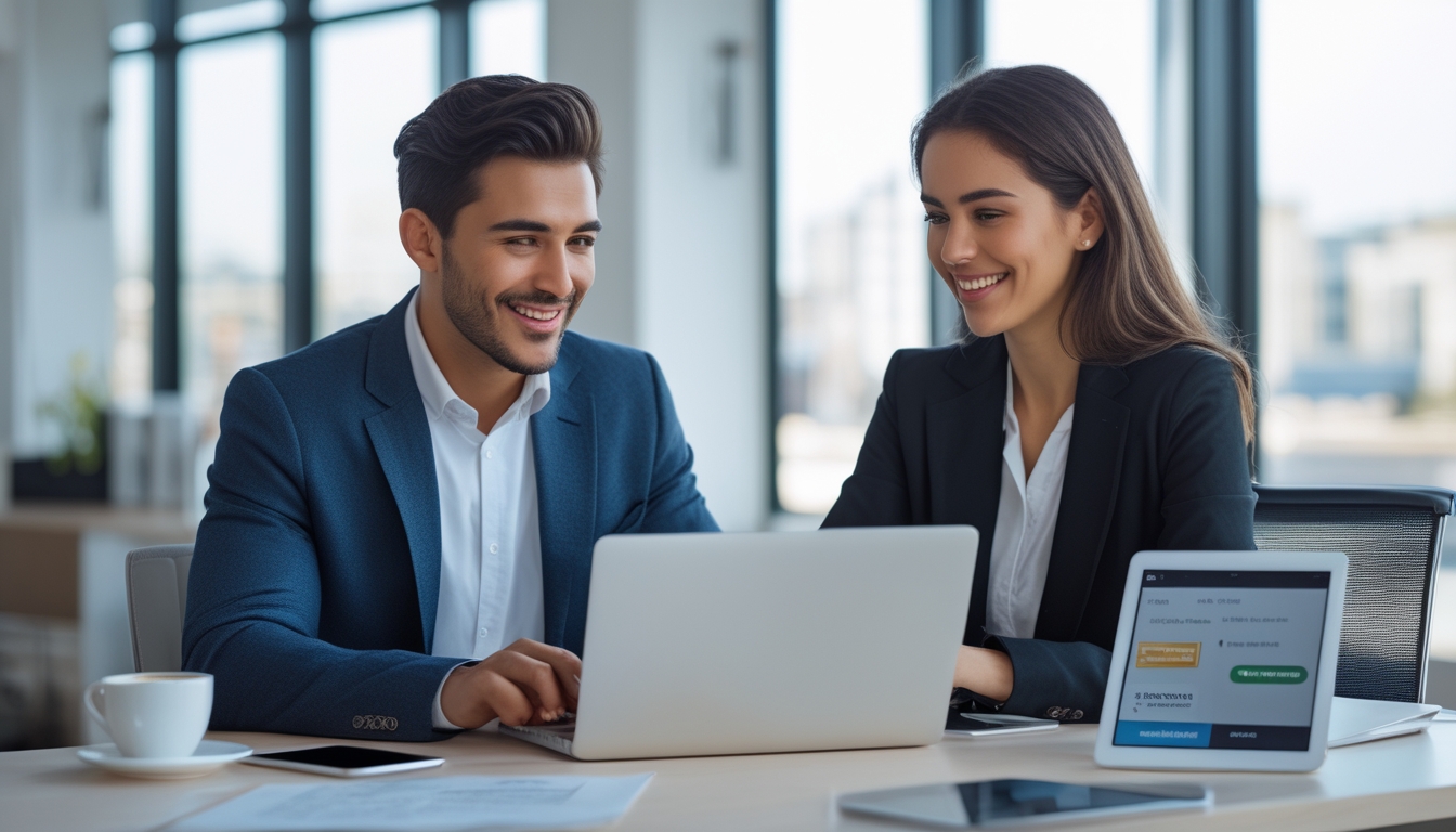 Dua orang dewasa muda sedang berdiskusi di meja kantor modern dengan laptop dan dokumen, menunjukkan suasana kerja yang profesional dan terpercaya.
