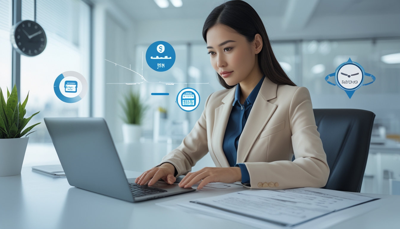 Seorang wanita bisnis duduk di meja kantor modern dengan laptop dan dokumen, menunjukkan suasana kerja yang profesional dan terpercaya.