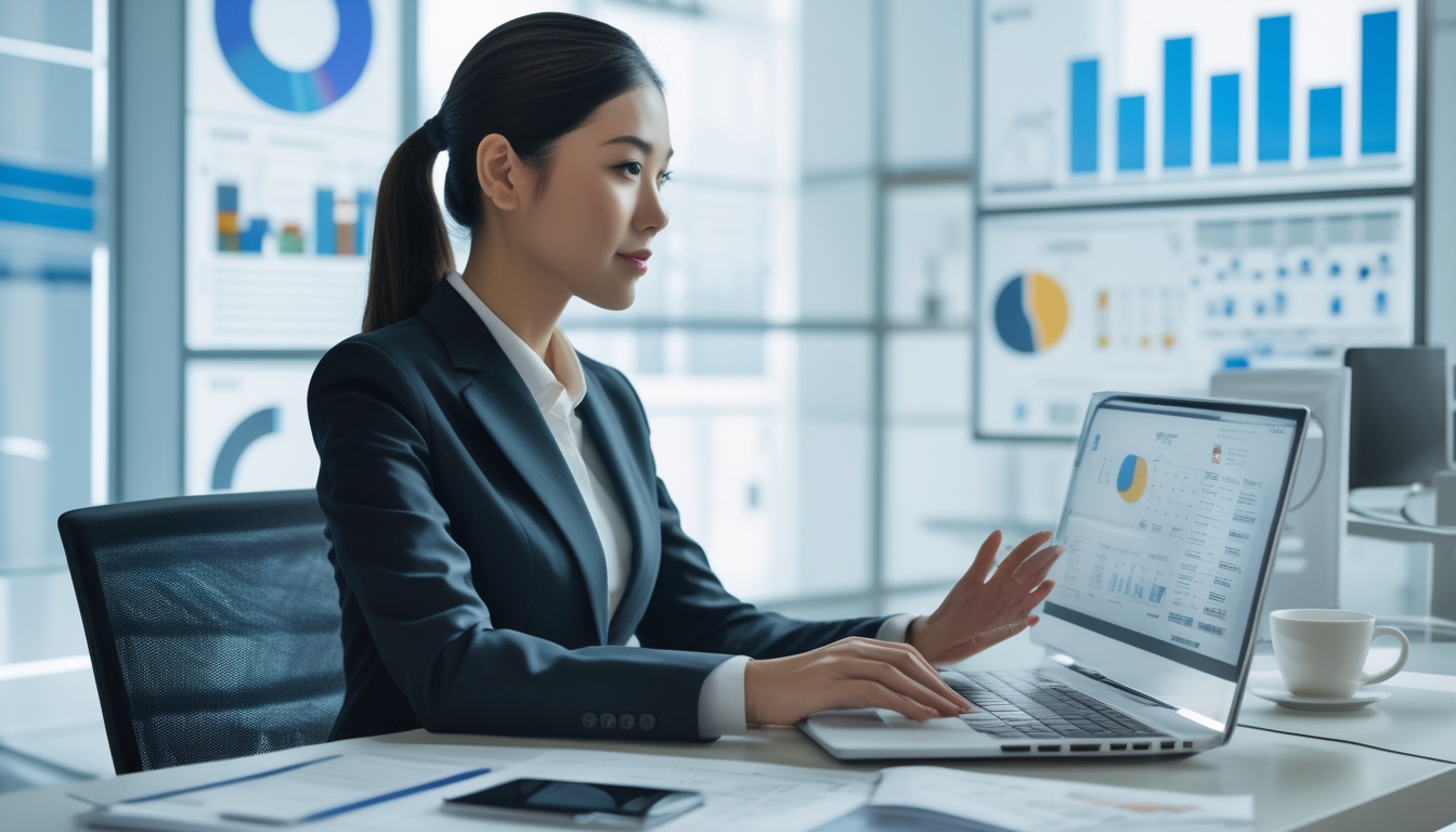 Seorang wanita bisnis duduk di meja kantor modern dengan laptop dan ponsel, tampak fokus menganalisis data dalam suasana kantor yang terang dan profesional.