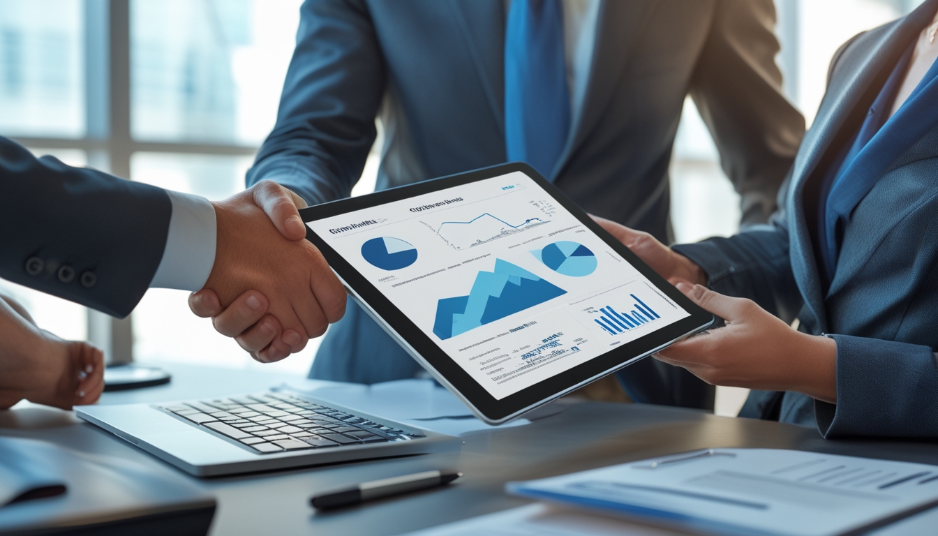 Seorang profesional sedang menganalisis data di tablet dengan latar kantor modern dan berjabat tangan dengan rekan kerja.