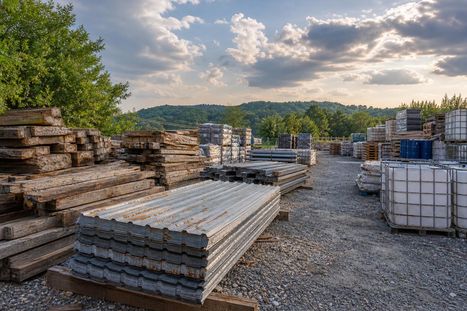 Outdoor storage area with construction materials like wood and metal exposed to natural weather conditions, surrounded by trees and hills under a partly cloudy sky.