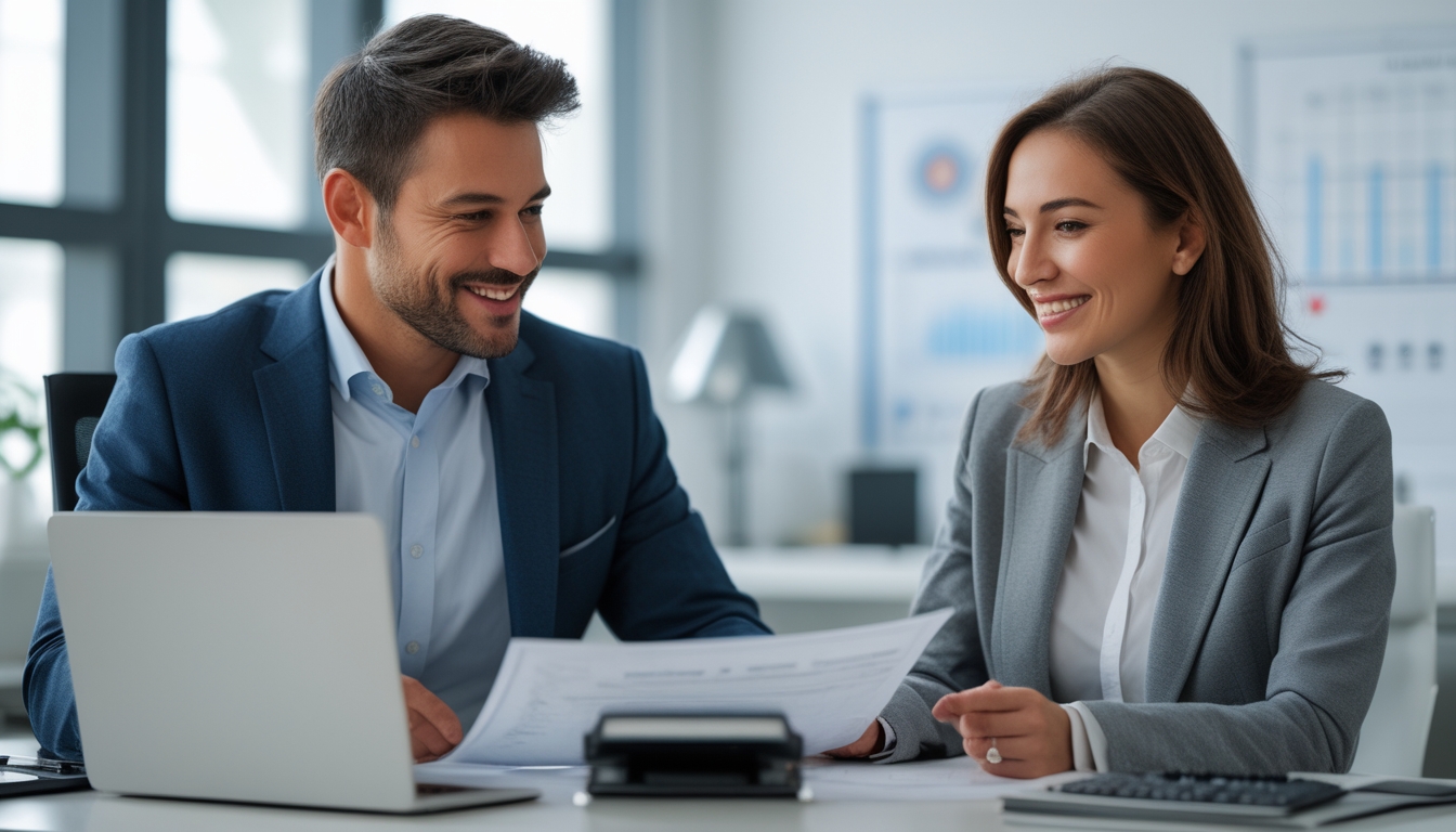 Seorang pria dan wanita berpakaian rapi duduk bersama di meja kantor modern sambil berdiskusi dan melihat dokumen dengan suasana profesional dan cerah.