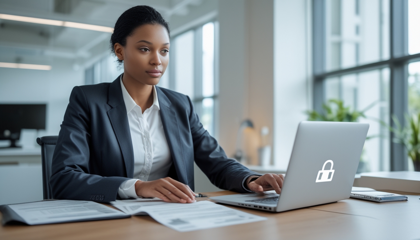 Seorang profesional duduk di meja kantor modern sambil menggunakan laptop dan memeriksa dokumen, menunjukkan suasana kerja yang terpercaya dan efisien.