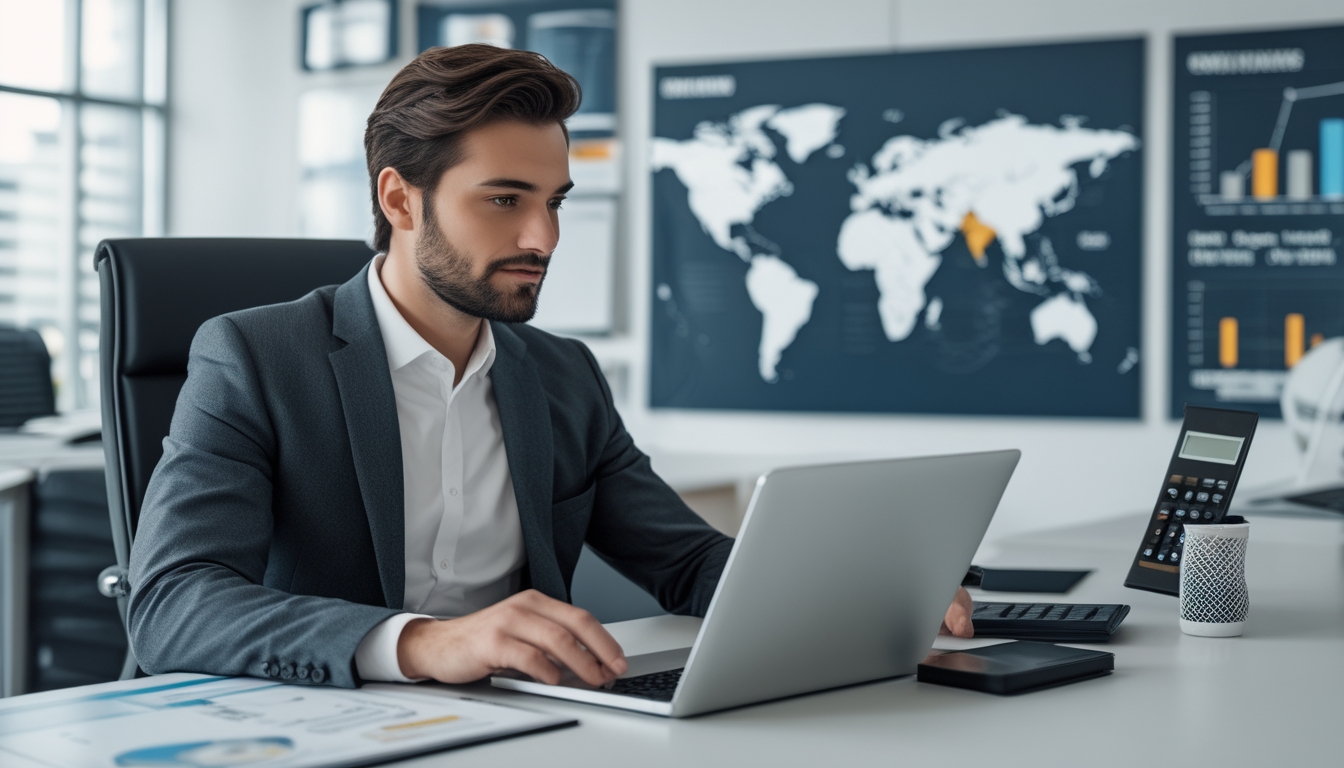 Seorang profesional duduk di meja kantor modern, memeriksa dokumen dan menggunakan laptop dengan latar belakang grafik dan peta dunia.