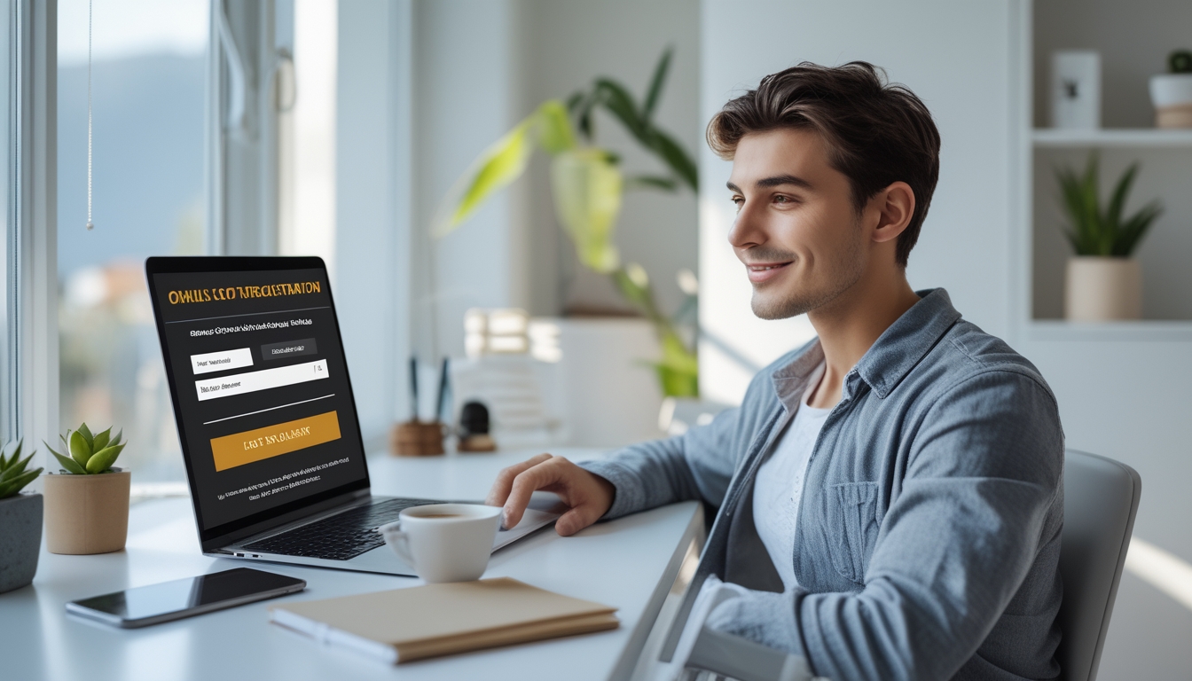 Seorang dewasa muda duduk di meja dengan laptop, tampak fokus dan tersenyum saat mendaftar agen slot online di ruang kerja rumah yang terang dan rapi.