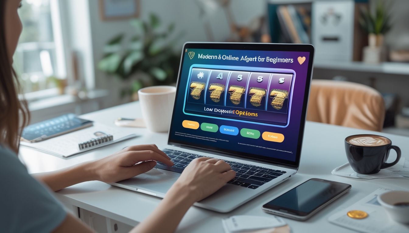 Seseorang muda menggunakan laptop di meja kerja rapi dengan layar menampilkan permainan slot online berwarna cerah, di ruang kerja rumah yang nyaman.