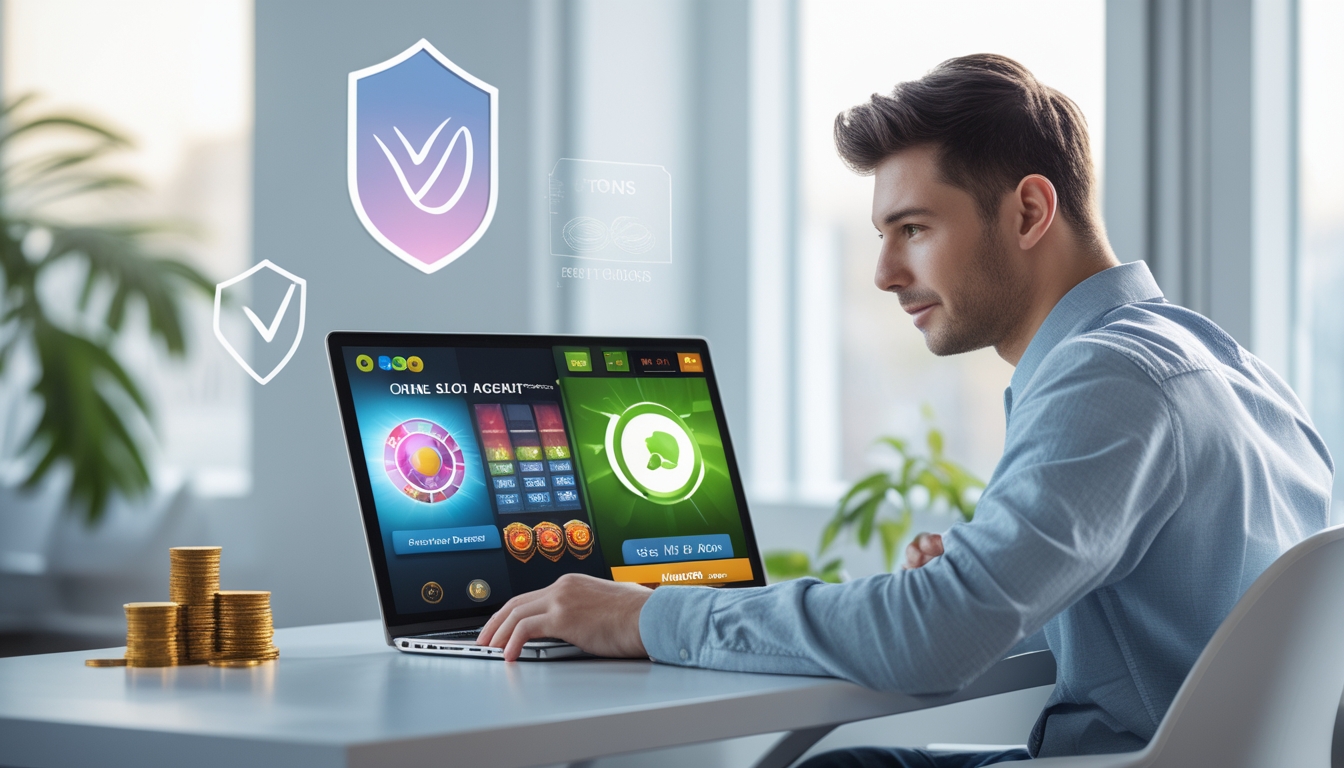 Seorang pria muda duduk di depan laptop di kantor yang terang dan rapi, memperhatikan layar dengan antarmuka permainan slot online yang menarik dan elemen simbol keamanan di sekitarnya.