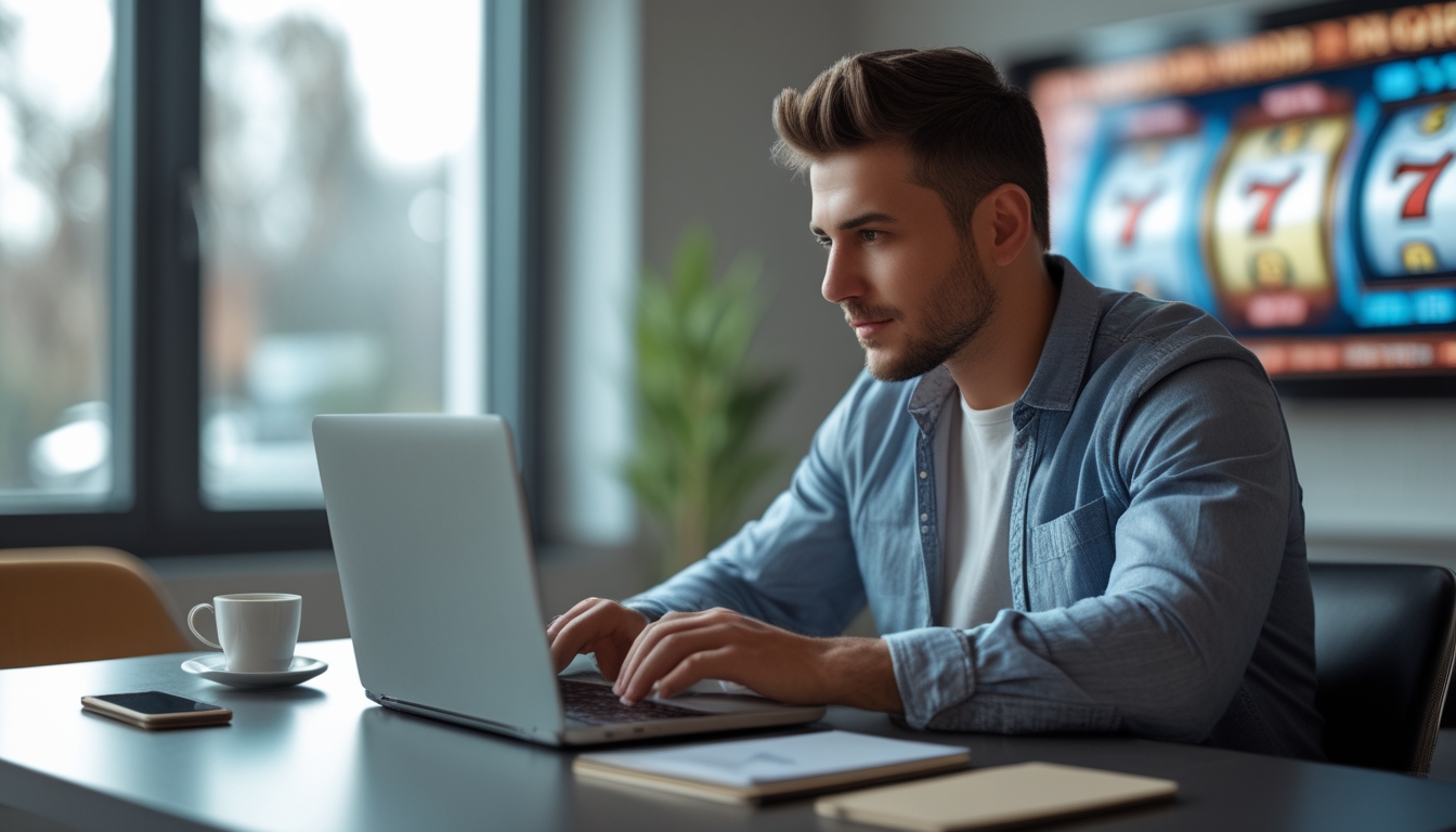 Seorang pria muda duduk di meja dengan laptop, terlihat fokus dan serius, di ruang kerja yang rapi dengan latar belakang grafis mesin slot digital yang samar.