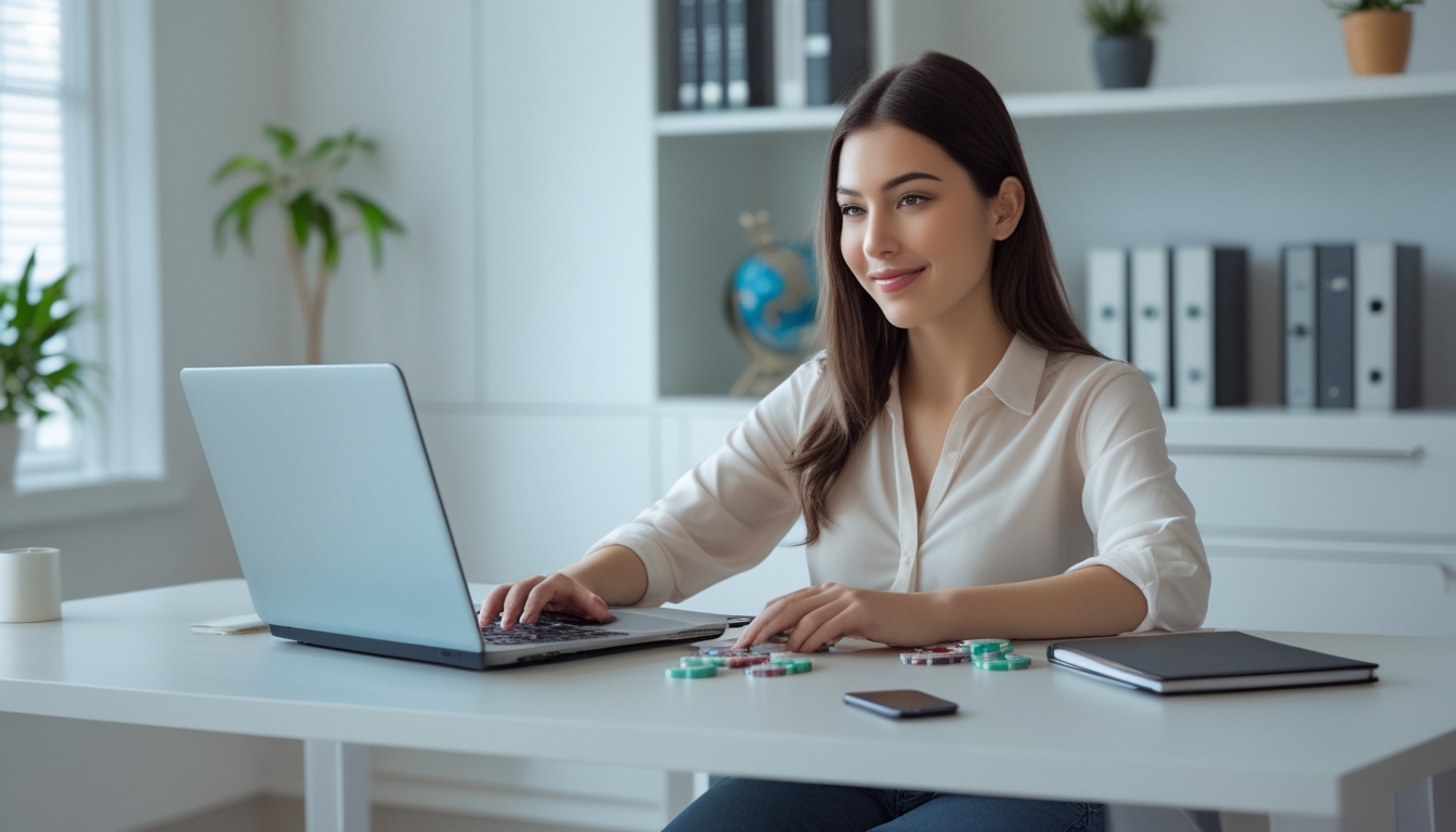 Seorang wanita muda duduk di meja kerja menggunakan laptop dengan beberapa barang terkait permainan seperti chip poker dan kartu di meja.