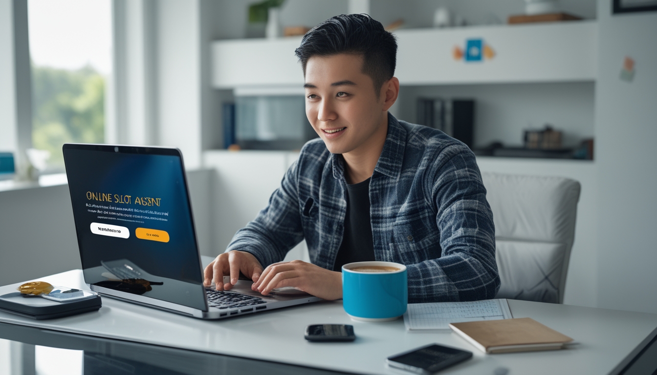 Seseorang duduk di meja kerja dengan laptop terbuka, fokus mendaftar agen slot online terpercaya di ruang kerja yang terang dan rapi.