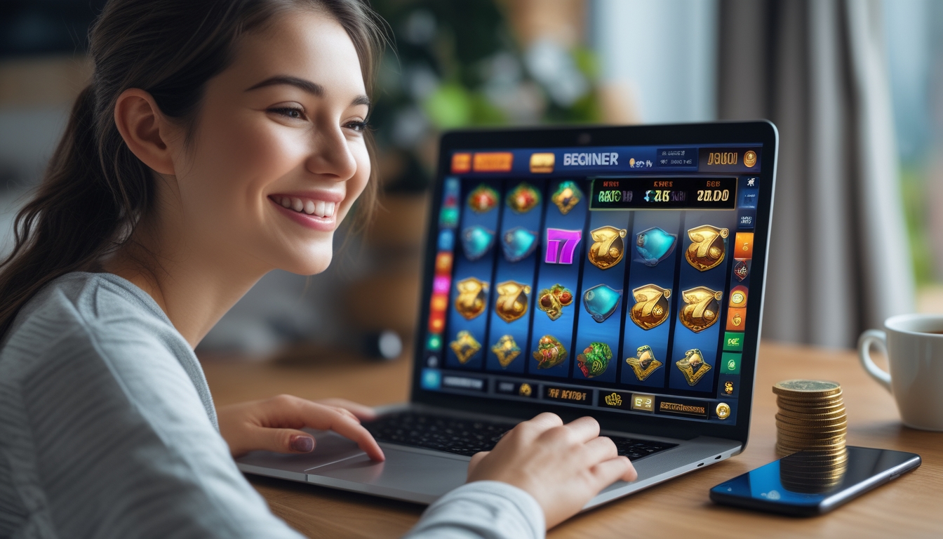 Seorang pemula bermain permainan slot online di laptop di rumah yang nyaman dengan ekspresi senang dan fokus.