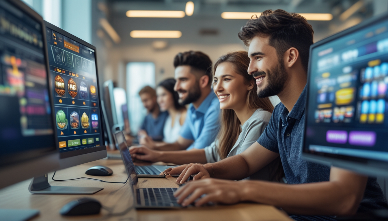 Beberapa orang muda sedang menggunakan komputer untuk bermain permainan slot online di sebuah kantor modern.
