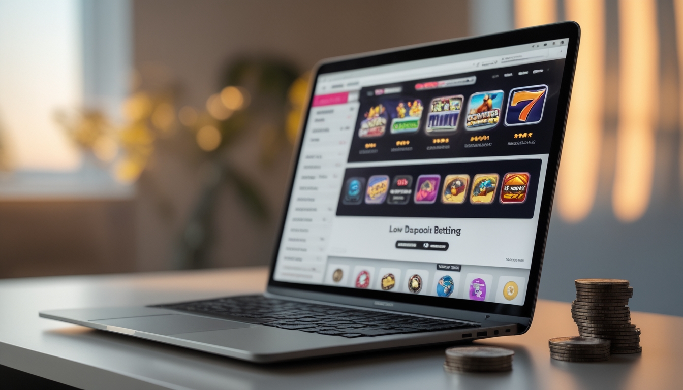 Seorang pengguna sedang melihat situs slot online di laptop dengan tumpukan koin kecil di meja