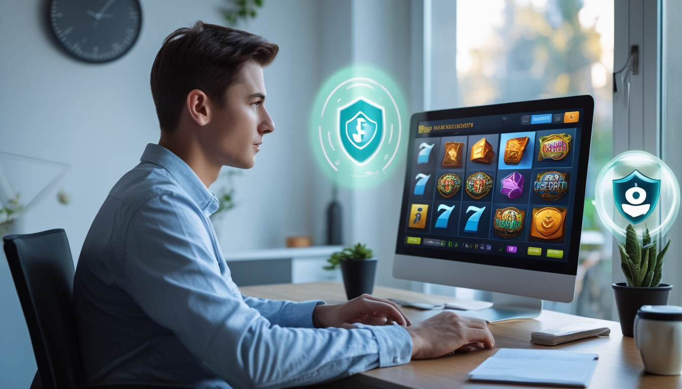 Seorang dewasa muda duduk di depan laptop yang menampilkan permainan slot online, terlihat fokus dan tenang di ruang kerja yang terang dan rapi.