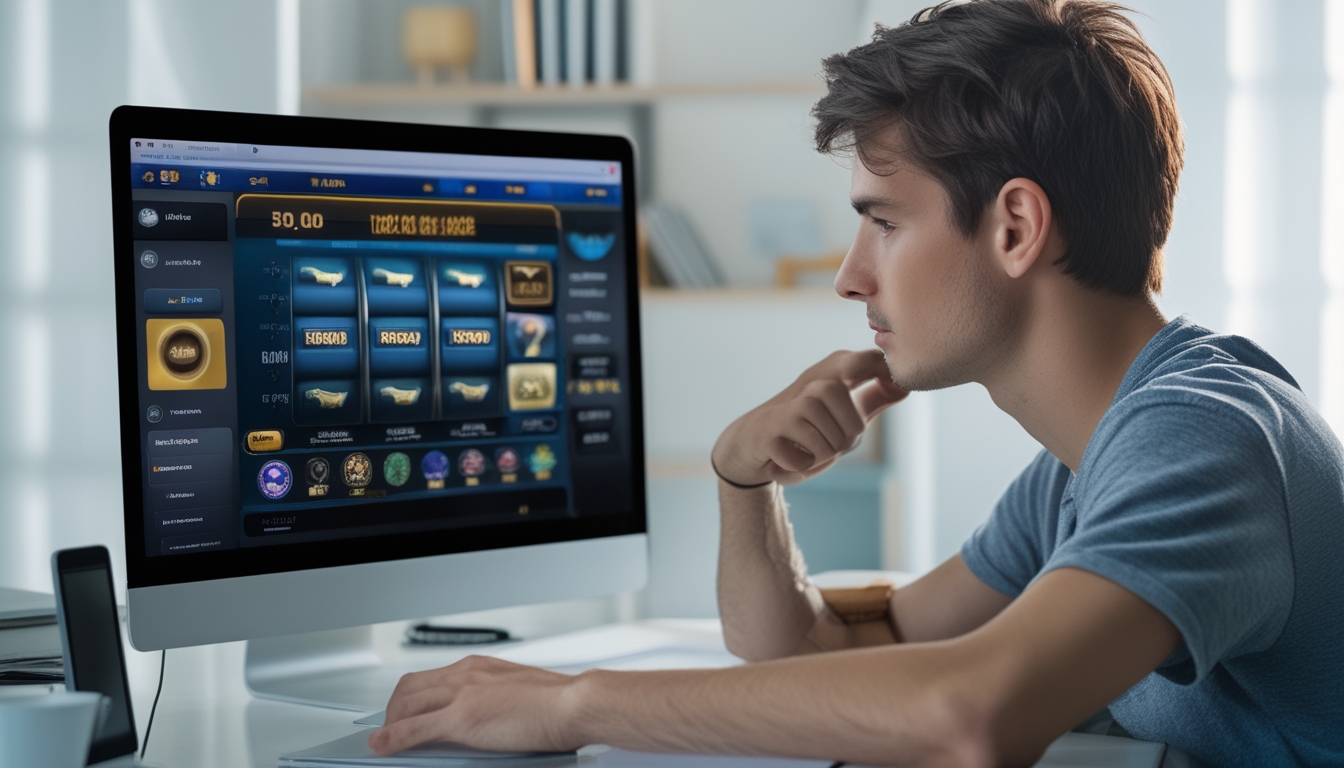 Seorang pria muda duduk di depan laptop, fokus bermain permainan slot online dengan suasana ruangan yang rapi dan terang.