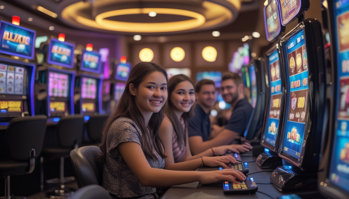 Beberapa orang muda sedang bermain game slot online di komputer dan ponsel di lingkungan kasino yang modern dan ramah.