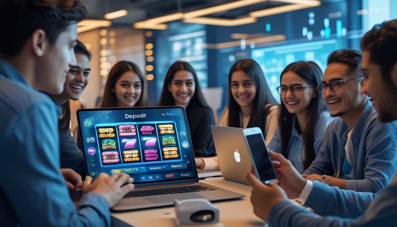 Sekelompok orang muda menggunakan laptop dan ponsel untuk bermain permainan slot online di ruang kantor yang terang dan rapi.