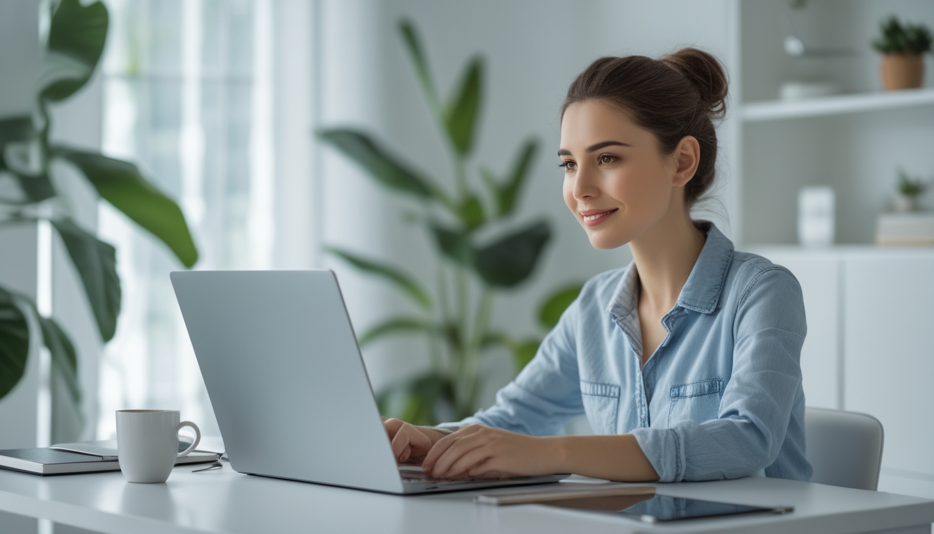 Seorang wanita muda duduk di meja kerja dengan laptop di ruang kantor rumah yang terang dan rapi.