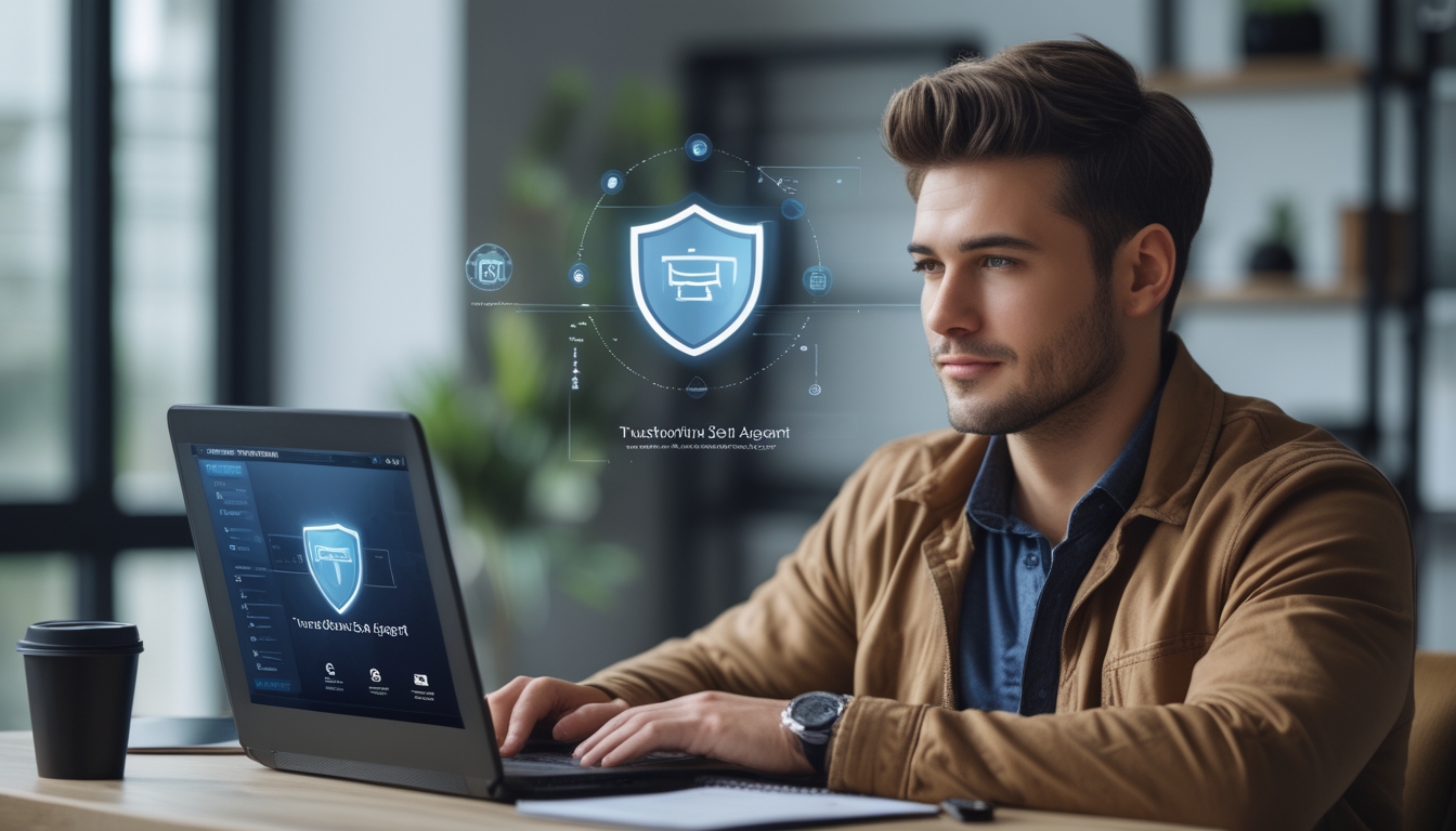 Seorang pria muda sedang menggunakan laptop di ruang kerja modern, terlihat fokus dan serius saat mendaftar di agen slot online yang terpercaya.