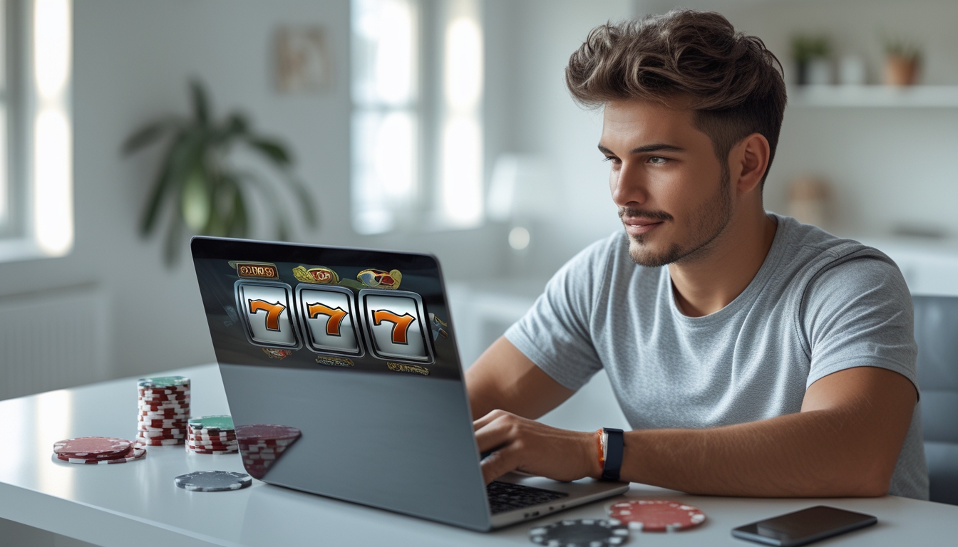 Seorang pria muda duduk di meja dengan laptop yang menampilkan permainan slot, terlihat fokus dan serius dalam memilih agen slot terpercaya.
