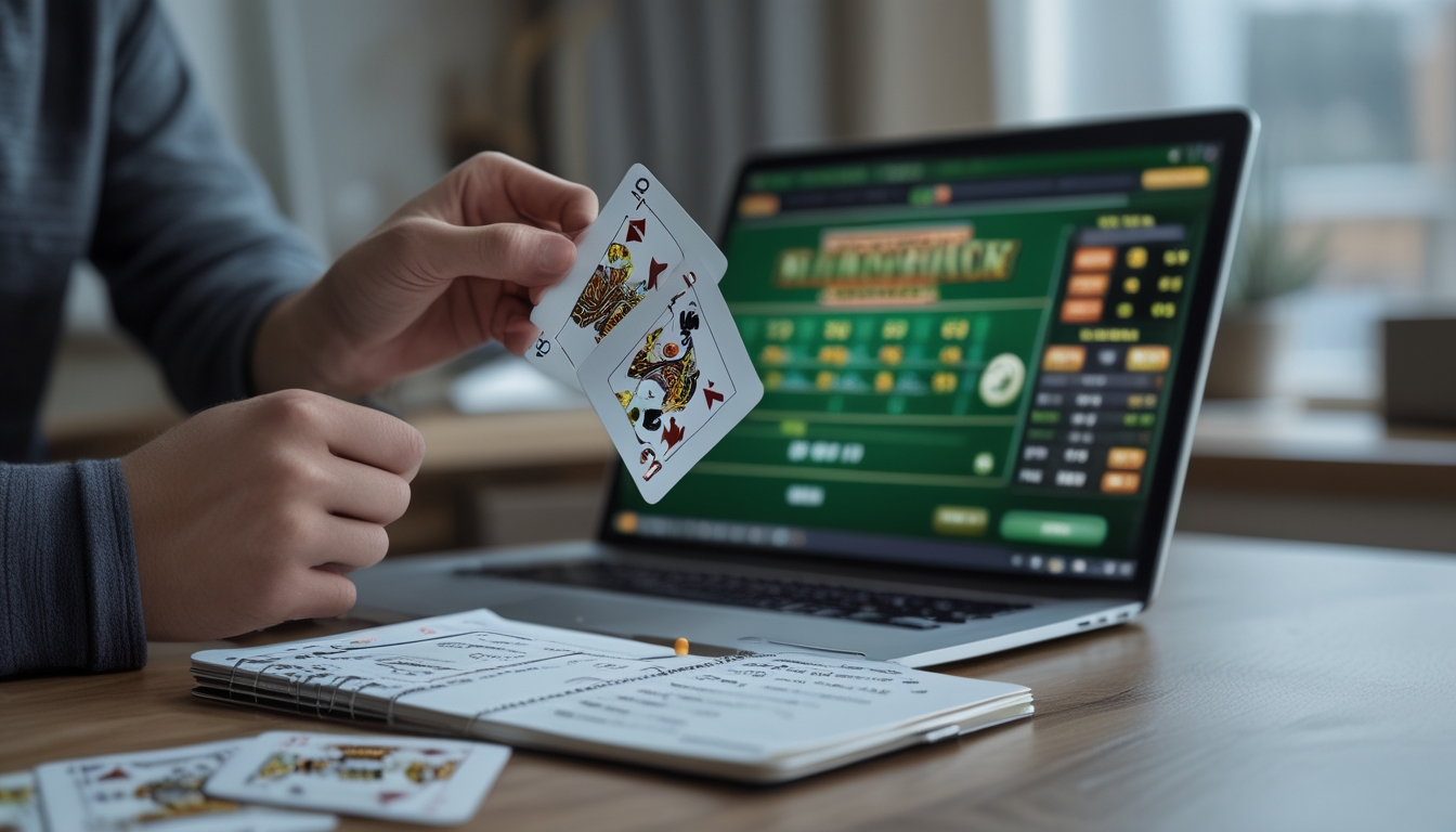 Seseorang sedang belajar teknik hitungan kartu untuk blackjack online di depan laptop dengan kartu dan catatan di meja.