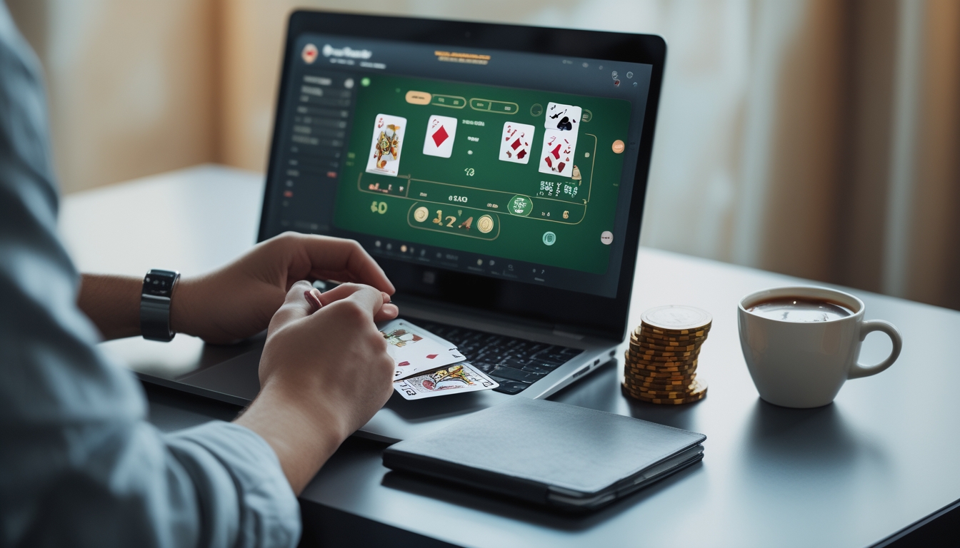 Seorang dewasa muda sedang duduk di meja dengan laptop yang menampilkan permainan blackjack online, memegang kartu dan mencatat, dengan tumpukan chip dan kopi di meja.