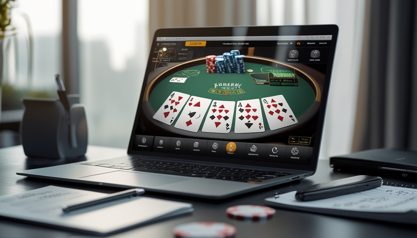 Seorang pemain sedang menggunakan komputer untuk bermain blackjack online dengan kartu dan chip terlihat di layar, di sampingnya terdapat buku catatan dan kalkulator.