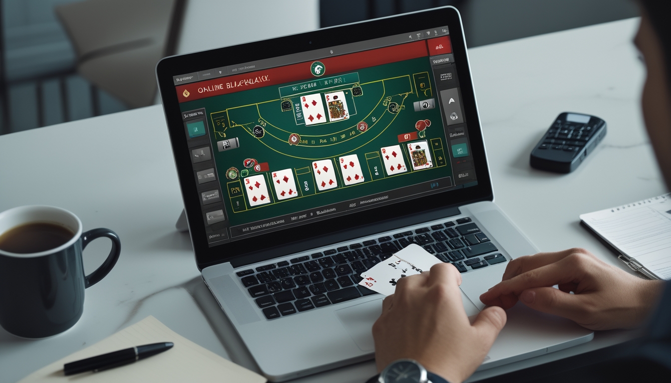 Seseorang sedang bermain blackjack online di komputer dengan kartu dan chip terlihat di layar, di meja kerja yang rapi.