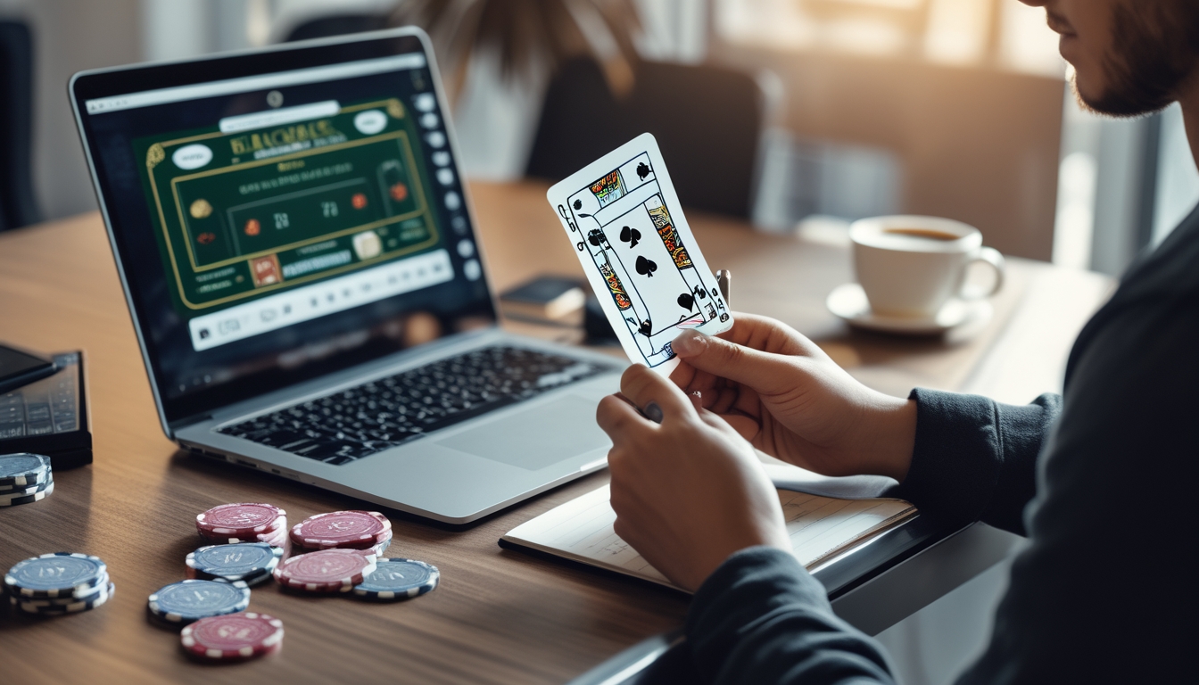 Seseorang sedang belajar teknik hitungan kartu blackjack online dengan laptop, kartu, dan catatan di meja.