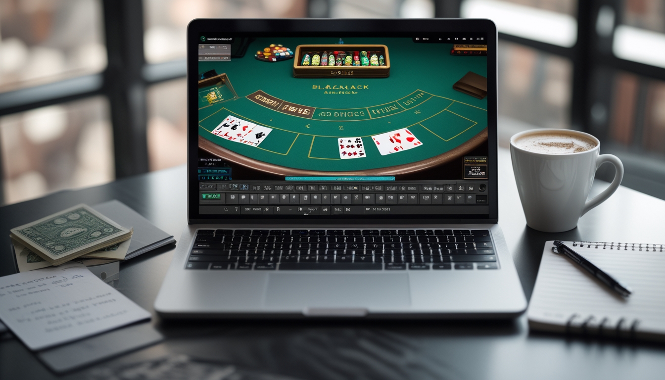 Seseorang belajar teknik hitungan kartu blackjack online dengan laptop yang menampilkan permainan blackjack dan catatan di meja.