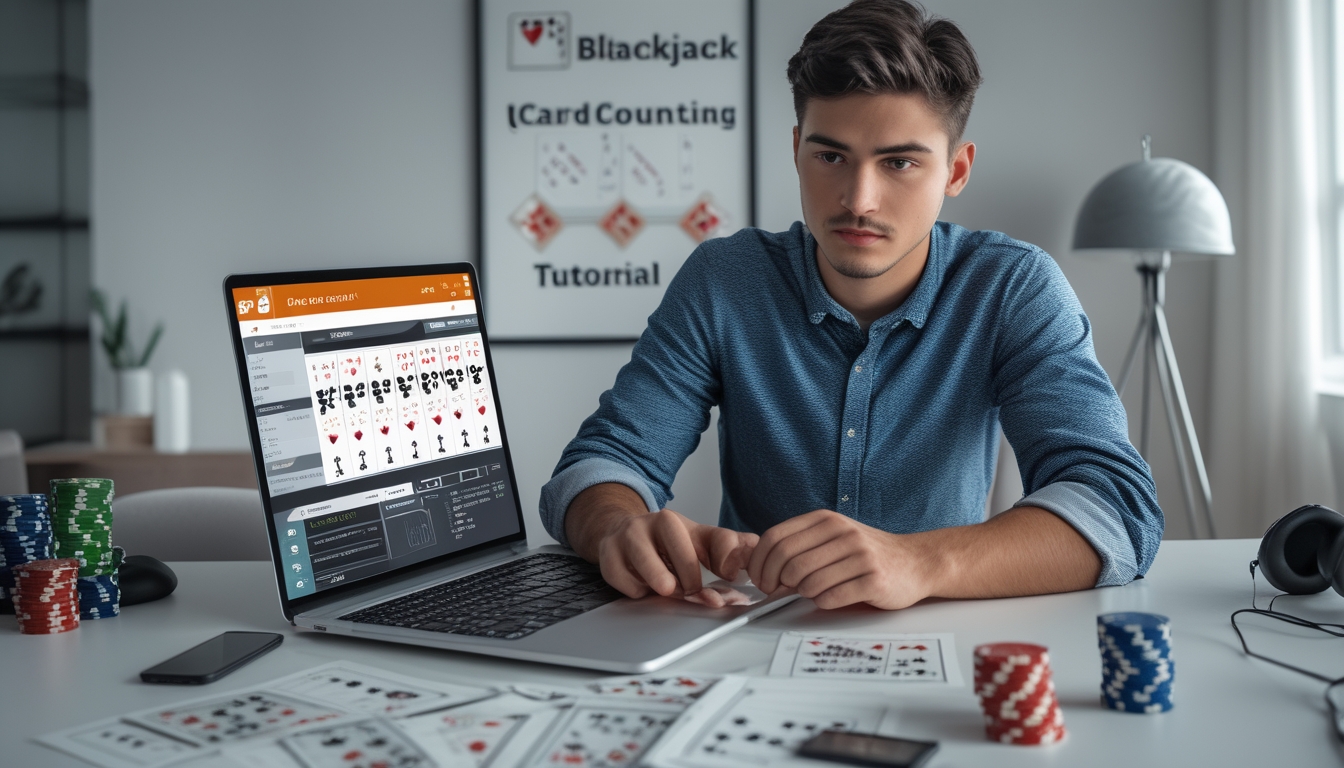 Seorang pria muda duduk di depan laptop dengan permainan blackjack online, dikelilingi oleh kartu, chip poker, dan catatan strategi hitungan kartu.