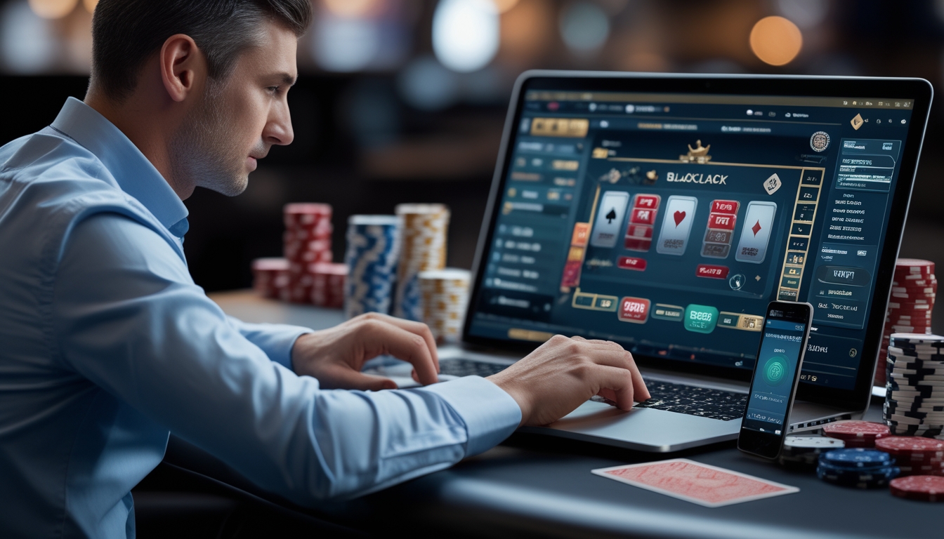 Seorang pria dewasa duduk di meja kasino dengan laptop terbuka menampilkan permainan blackjack online, tampak fokus menghitung kartu dengan kartu dan chip poker di sekitarnya.