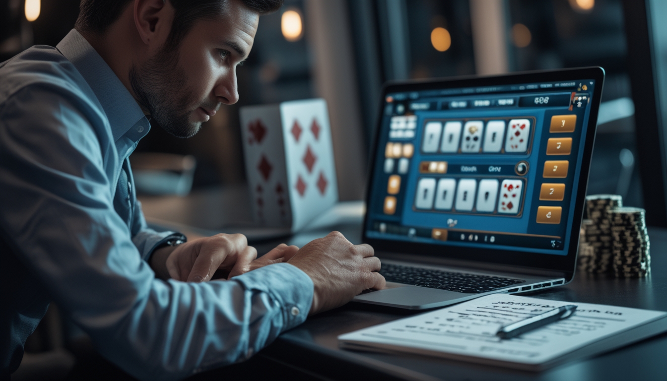 Seorang pemain serius sedang belajar teknik hitungan kartu blackjack online di depan laptop dengan catatan di meja.