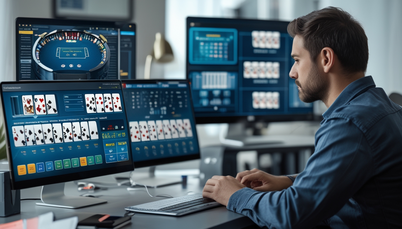 Seorang pemain serius sedang menganalisis strategi blackjack online di depan komputer dengan layar yang menampilkan kartu blackjack dan catatan hitungan kartu.