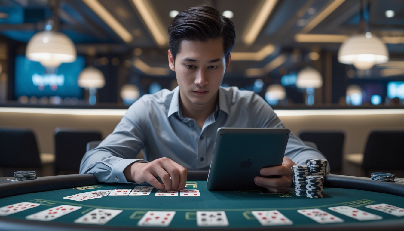 Seseorang sedang duduk di meja blackjack sambil mempelajari kartu dengan perangkat digital di lingkungan kasino.