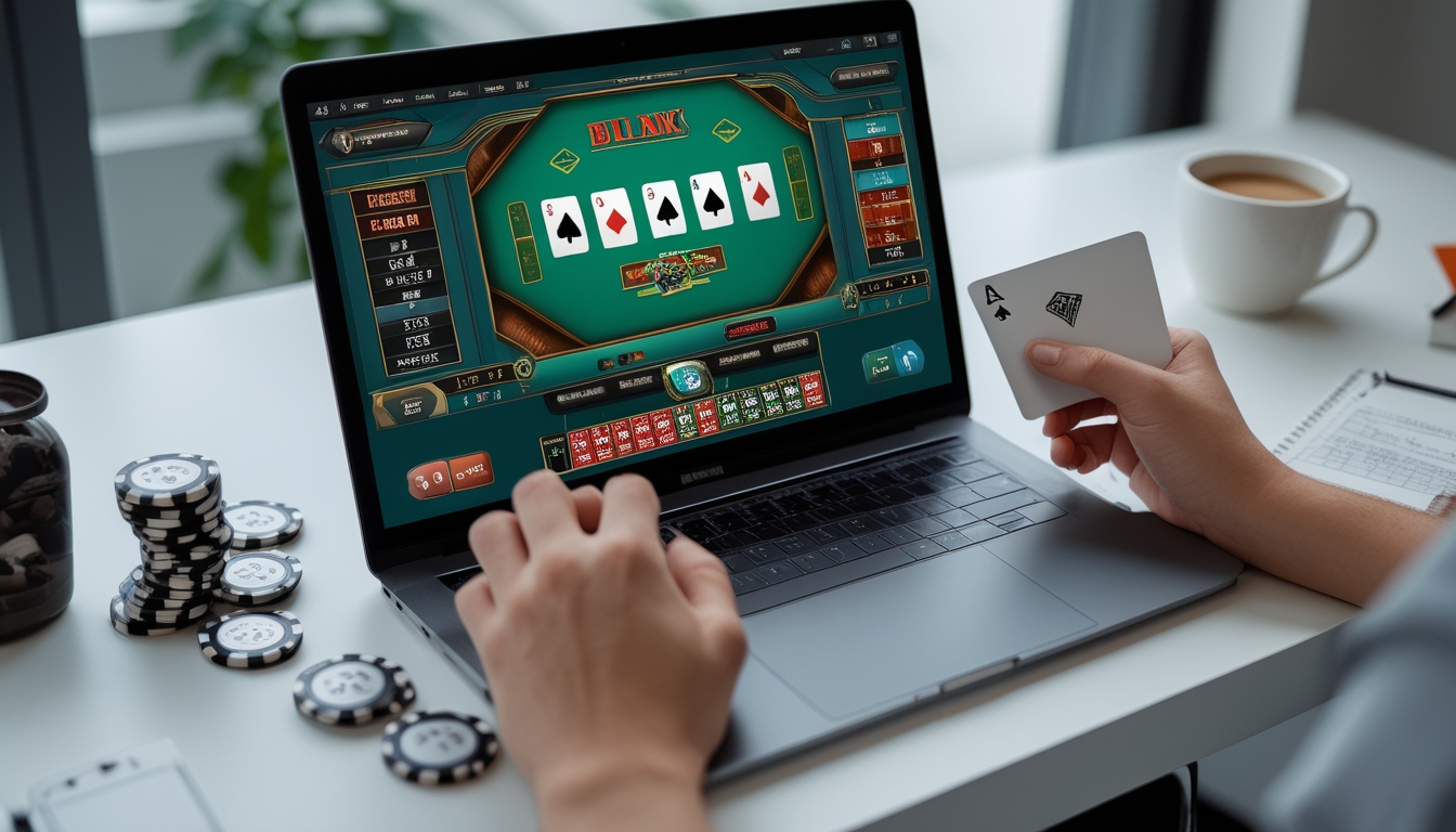 Seseorang sedang bermain blackjack online di depan komputer dengan kartu dan catatan di meja.