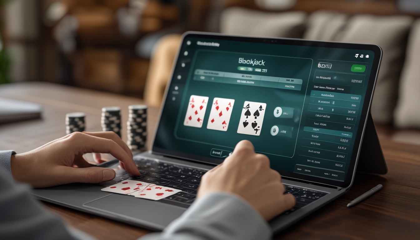 Seseorang sedang bermain blackjack online di laptop dengan kartu dan chip di meja, menunjukkan suasana fokus dan strategi.