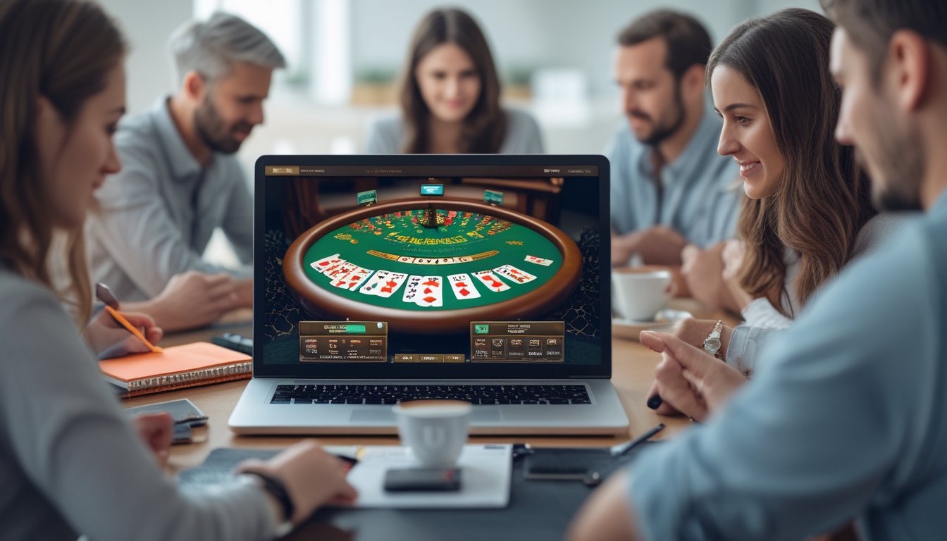 Beberapa orang sedang bermain blackjack online di depan komputer dengan kartu dan chip terlihat jelas.