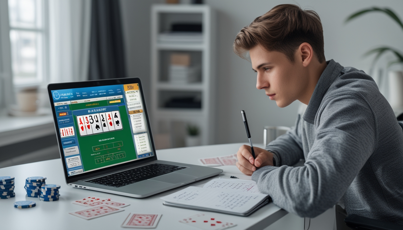 Seorang dewasa muda sedang belajar teknik hitungan kartu blackjack online dengan laptop, kartu remi, chip poker, dan catatan di meja.