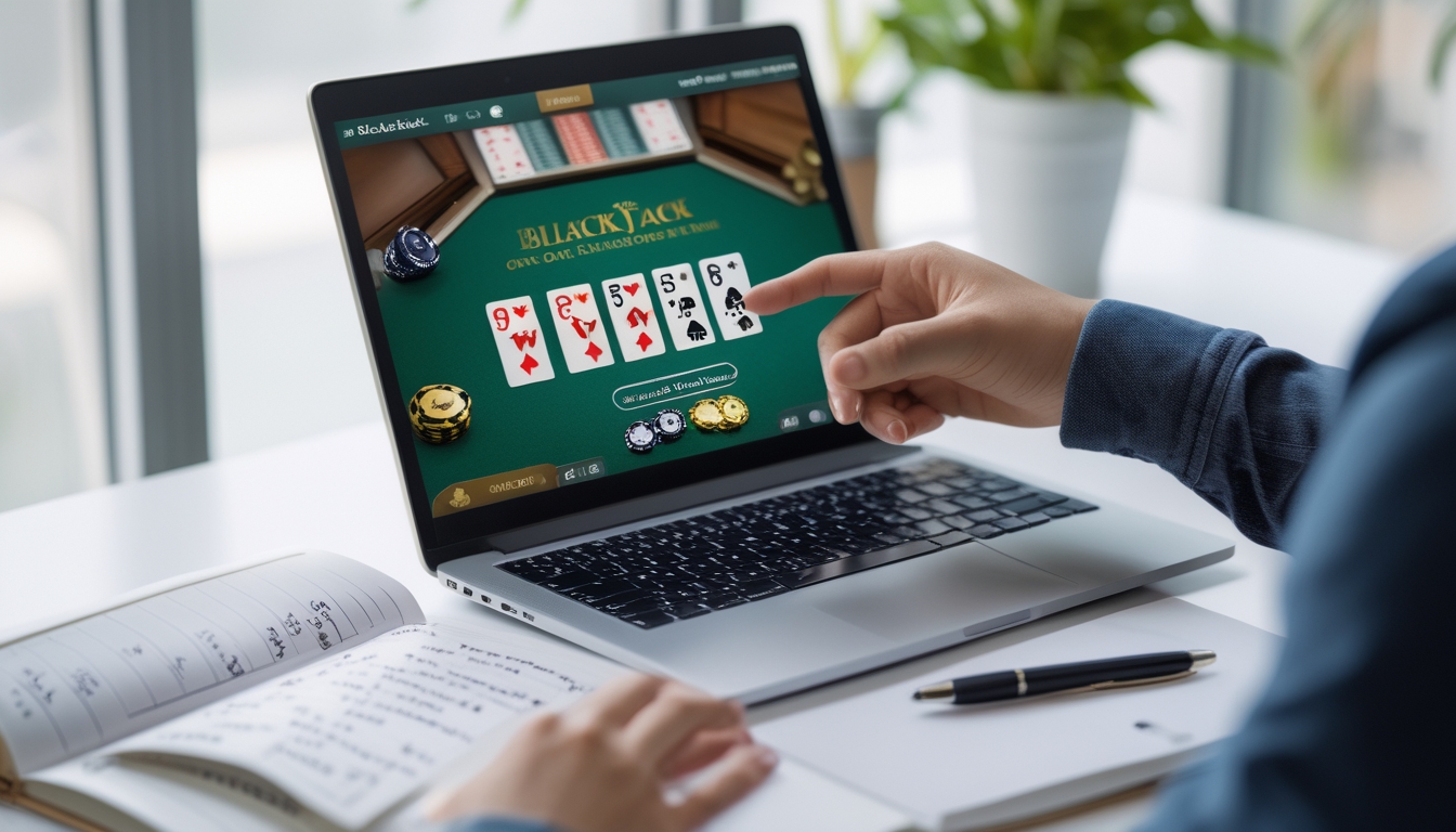 Seseorang sedang belajar teknik hitungan kartu blackjack online dengan laptop menampilkan permainan blackjack dan buku catatan di meja.