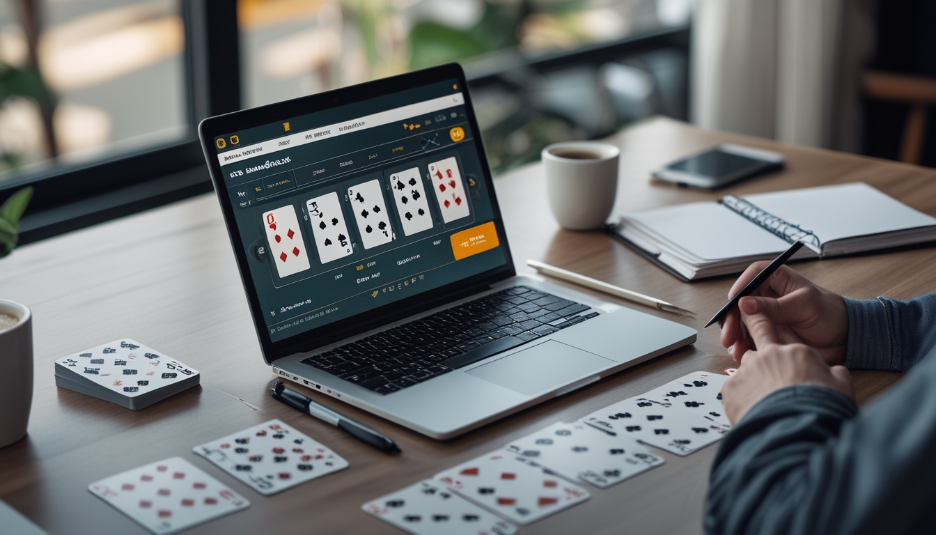 Seseorang duduk di meja dengan laptop yang menampilkan permainan blackjack, kartu di atas meja, dan buku catatan di sampingnya.