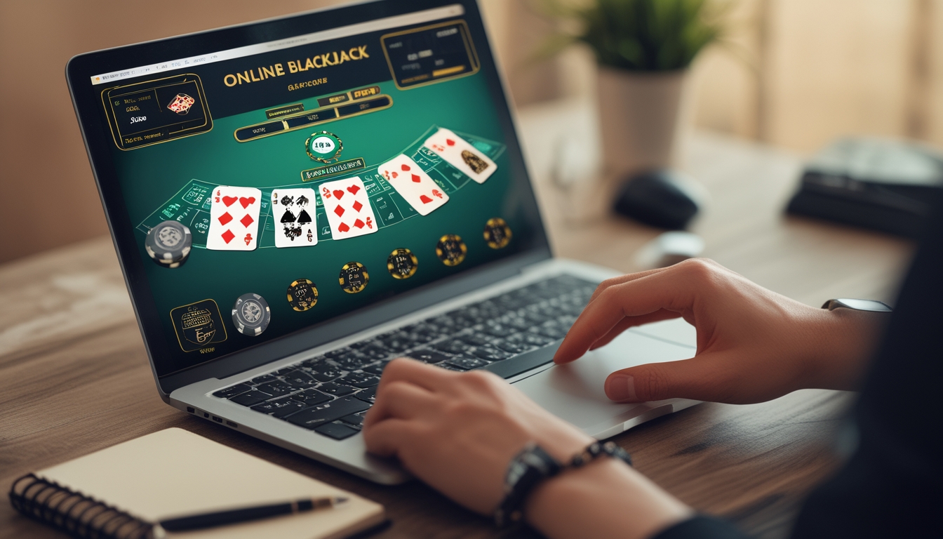 Seorang pemain menggunakan laptop untuk bermain blackjack online dengan kartu dan chip terlihat di layar, tangan memegang kartu dan mouse di meja dengan alat tulis di samping.