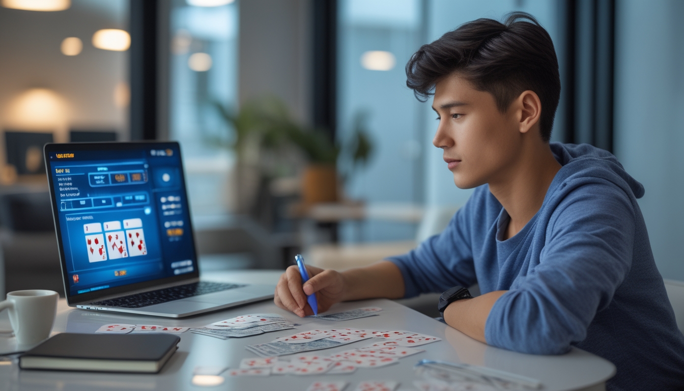 Seorang dewasa muda sedang belajar teknik hitungan kartu blackjack online dengan laptop dan kartu di meja.