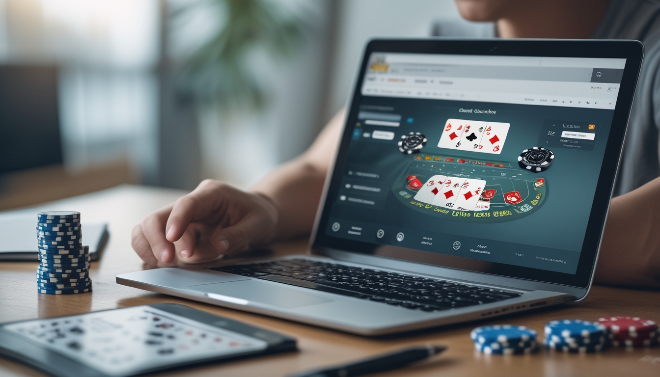 Seorang dewasa muda duduk di meja dengan laptop yang menampilkan permainan blackjack online, dikelilingi kartu remi dan chip poker, terlihat fokus belajar teknik hitungan kartu.