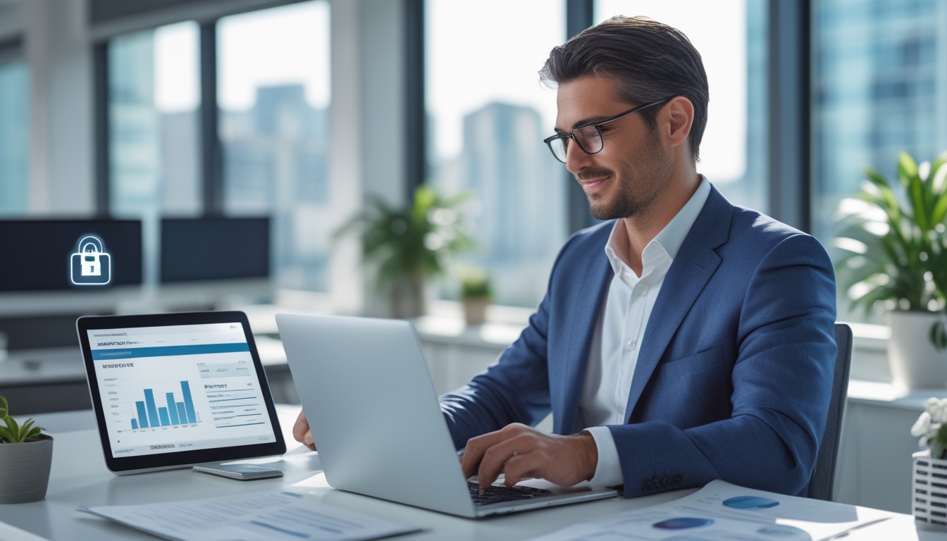 Seorang profesional sedang bekerja di kantor modern dengan dokumen dan laptop, menunjukkan suasana terpercaya dan aman.