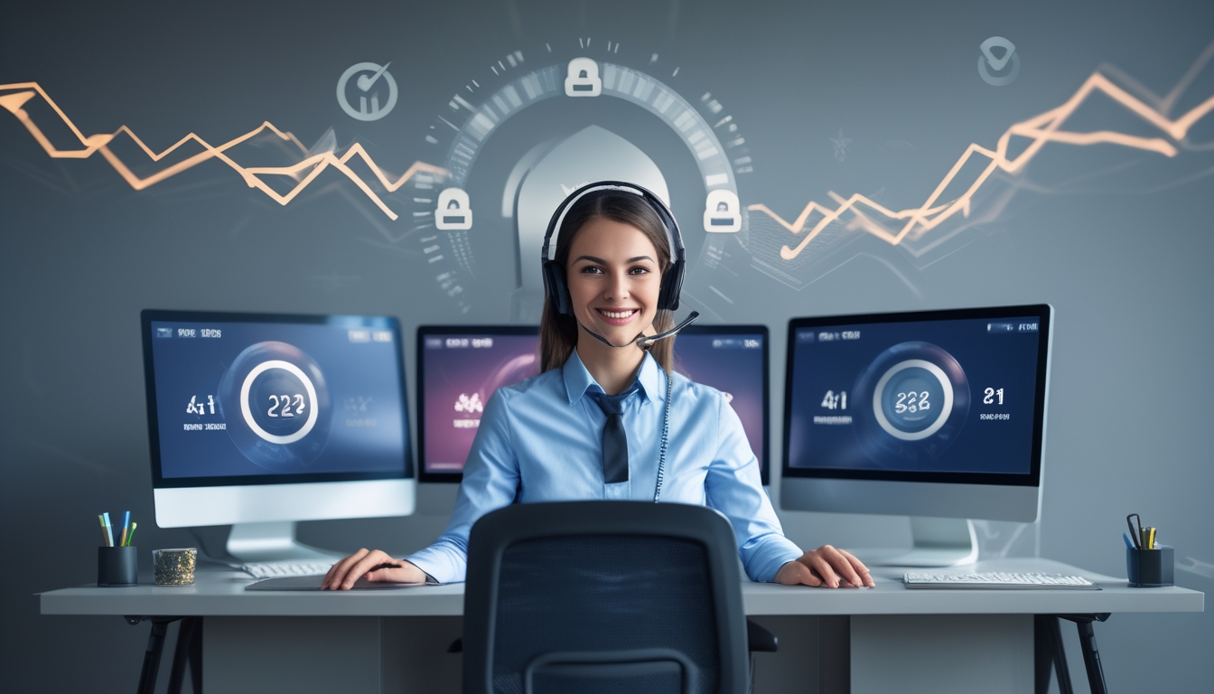 Seorang agen layanan pelanggan yang ramah duduk di meja kantor modern dengan beberapa monitor komputer menampilkan angka togel dan simbol keamanan.
